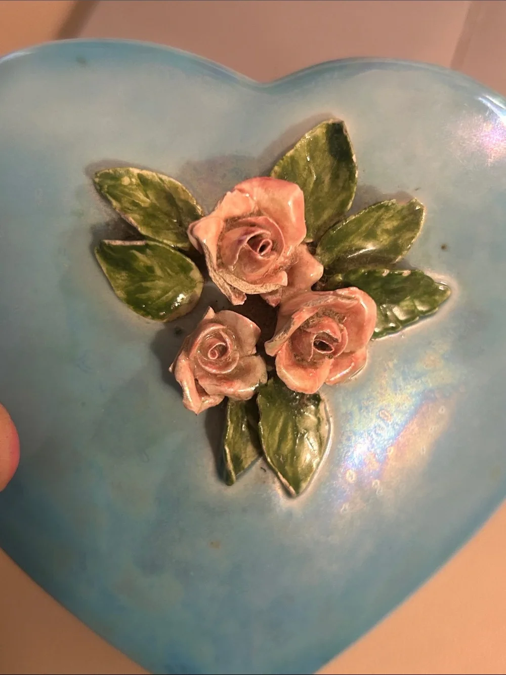 Vintage “Signed Anne” AB Coating Heart Floral Trinket Box